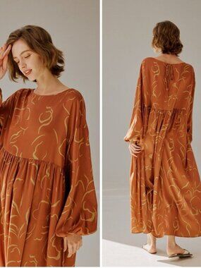 NAP Loungewear Art Print Maxi Dress Loose Fit Oversized Empire Waist sz S